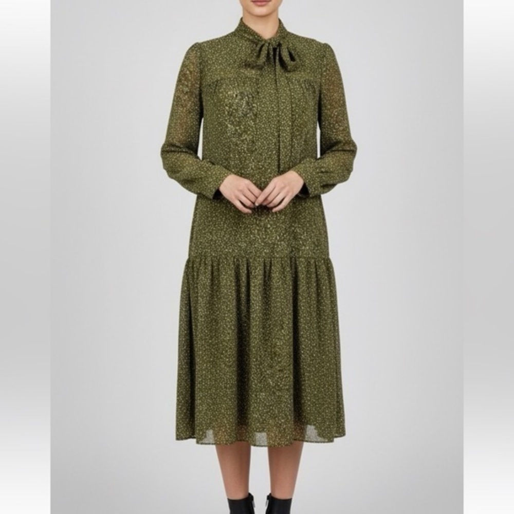 MIKAEL AGHAL Neck Bow Olive Green Drop Waist Midi Dress Speckle Print Size 8